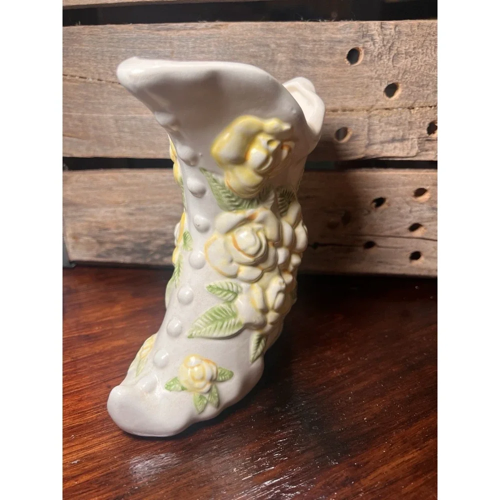 Vintage Ceramic Shoe Planter/Vase with Yellow Roses Granny Core